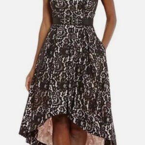 Eliza J Black Lace Dress Hi Low Hem Pink Underlay with Tulle Sleeveless Size 6